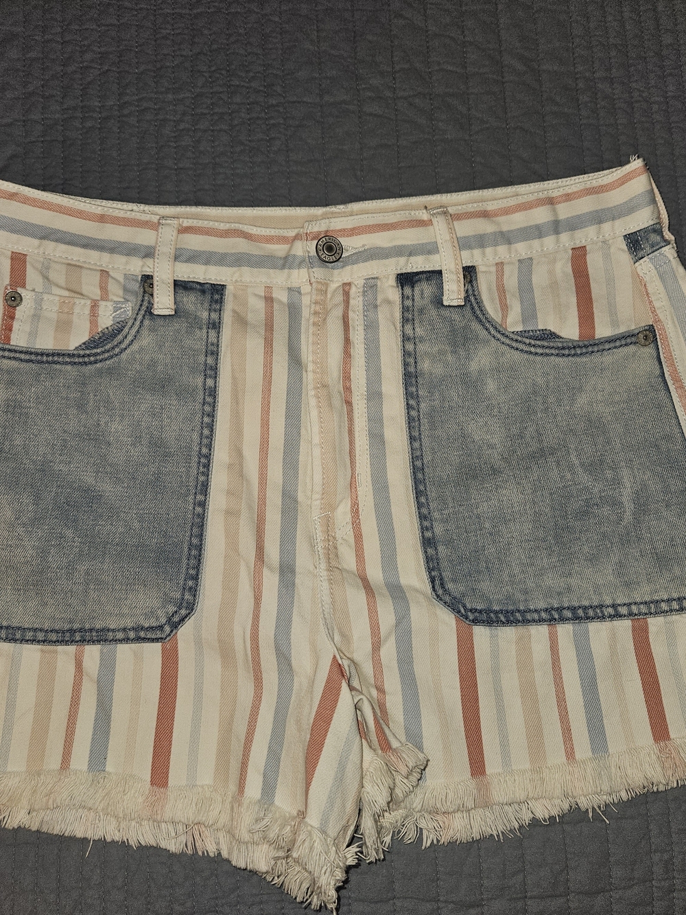 American Eagle Outfitters Striped Denim Accent Shorts - Cream, Blue, Tan